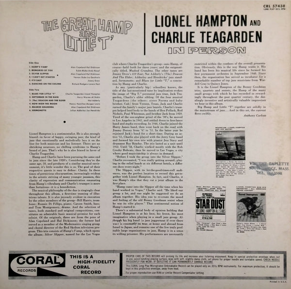 LIONEL HAMPTON AND CHARLIE TEAGARDEN <BR>THE GREAT HAMP AND LITTLE 'T'