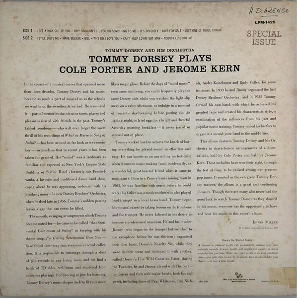 TOMMY DORSEY <BR>PLAYS COLE PORTER AND JEROME KERN