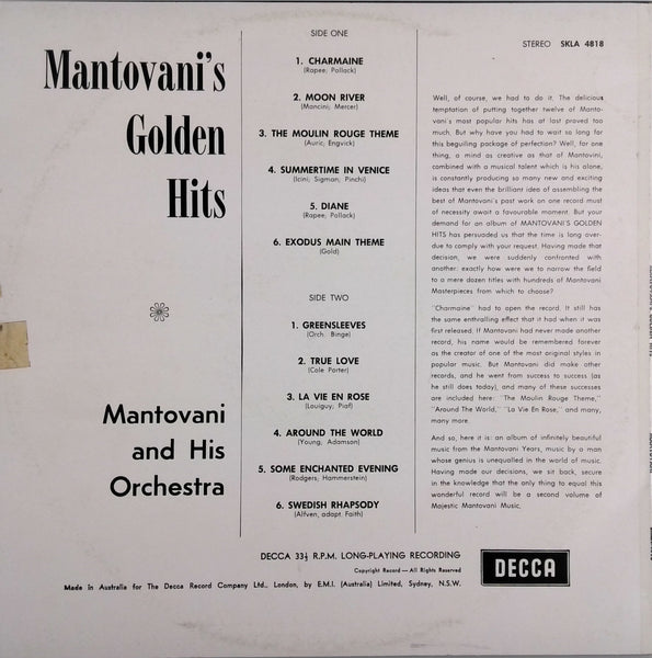 MANTOVANI AND HIS ORCHESTRA<BR>MANTOVANI'S GOLDEN HITS